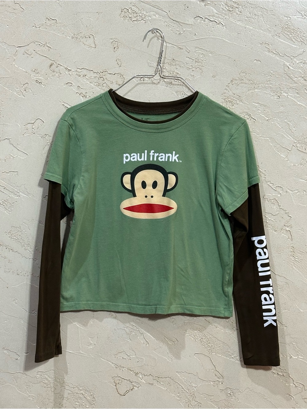 Paul Frank Women’s Green and Brown Long-Sleeved Julius Monkey Tee Size Small